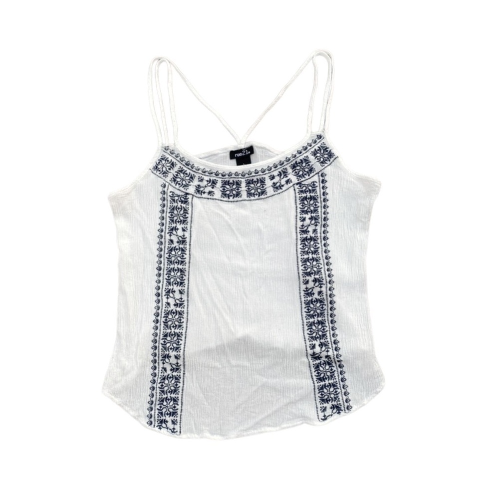 Rue 21 Boho White Blue Embroidered Crop Top Large Bohemian Shirt Criss Cross - Picture 2 of 10